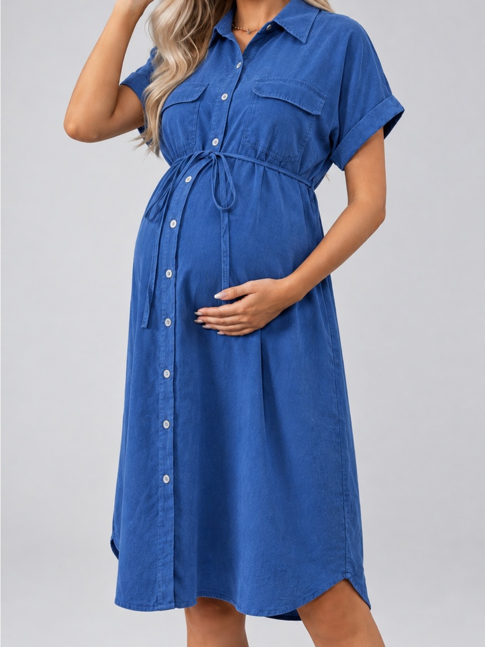 Isabel Maternity by Ingrid & Isabel Blue Shirt Midi Dress with Tie Waist